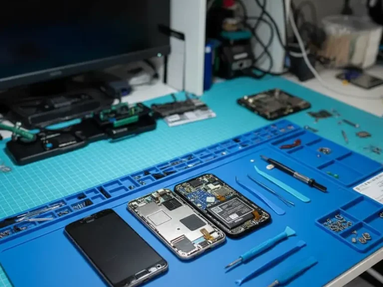 Technischer Support für Software-Probleme, Datenrettung und Hardware-Fragen Reparaturwerkstatt mit auseinander genommenen Smartphone-Komponenten auf blauer Werkstattmatte